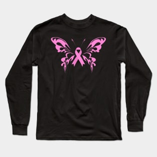 Pink Ribbon Butterfly Breast Cancer Awareness Long Sleeve T-Shirt
